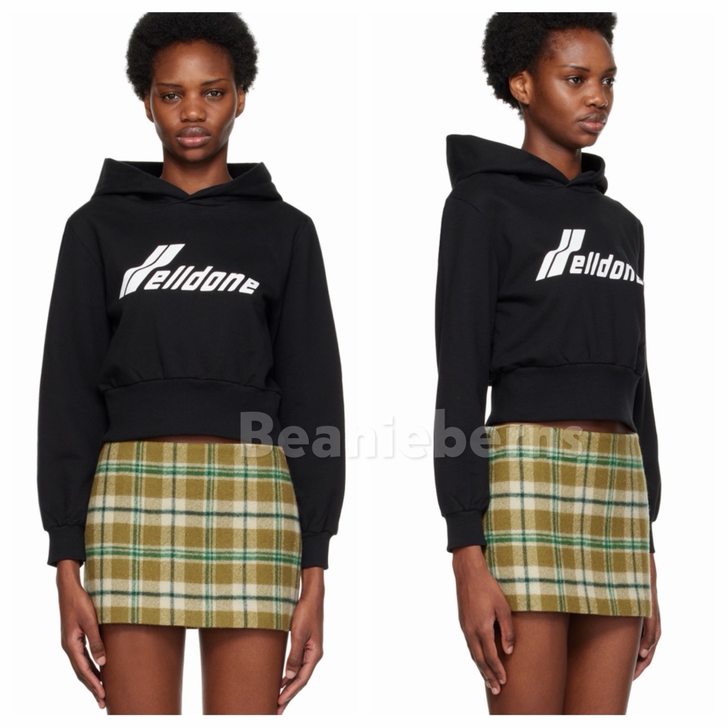 Nwt We11done Black Logo Cropped Graphic Print Fleece Hoodie Size M